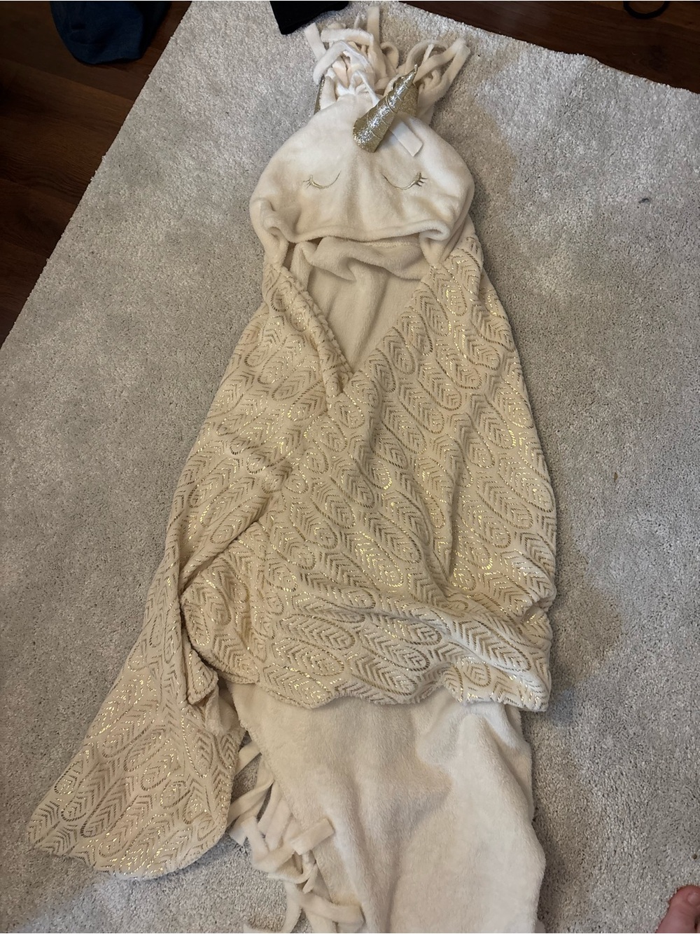 Justice Cream Hooded Unicorn Throw with Gold Accents